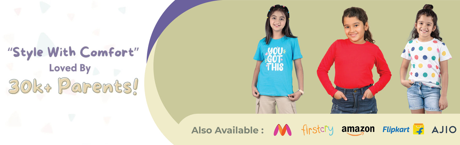 Three children wearing colorful t-shirts with text and logos on a beige background