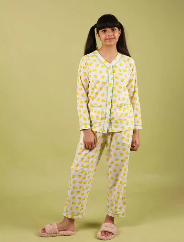 Lemon Printed Pure Cotton Girls Nightsuit (Lemon Yellow)