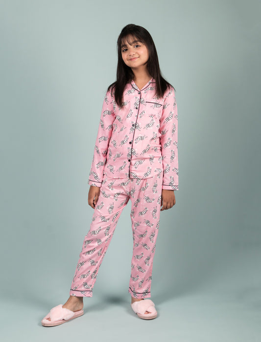 Dancing Zebra Printed Best Sleepwear for Girls Kids Pyjama Set (Full Sleeves, Pink) - Tweeny Mini