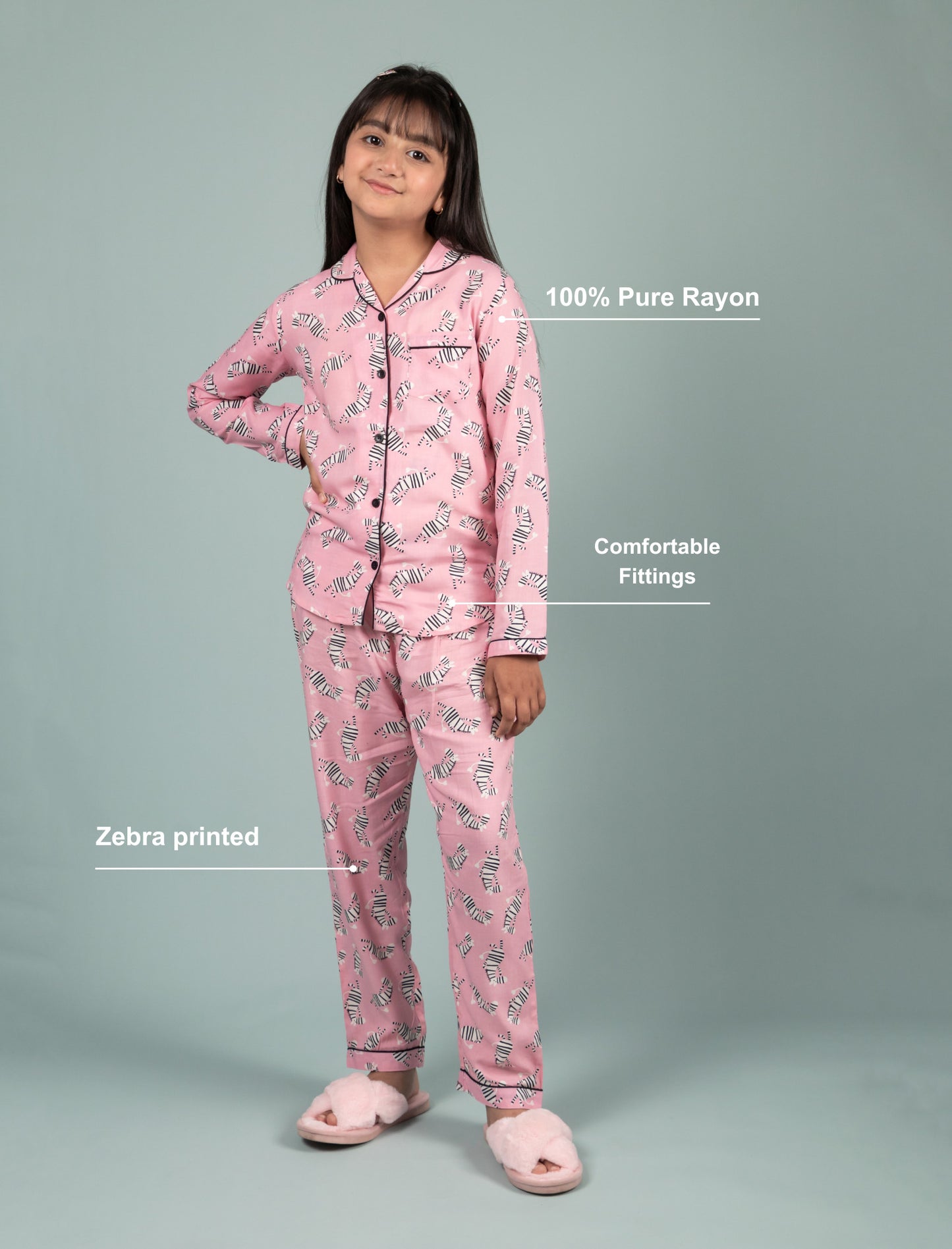 Dancing Zebra Printed Best Sleepwear for Girls Kids Pyjama Set (Full Sleeves, Pink) - Tweeny Mini