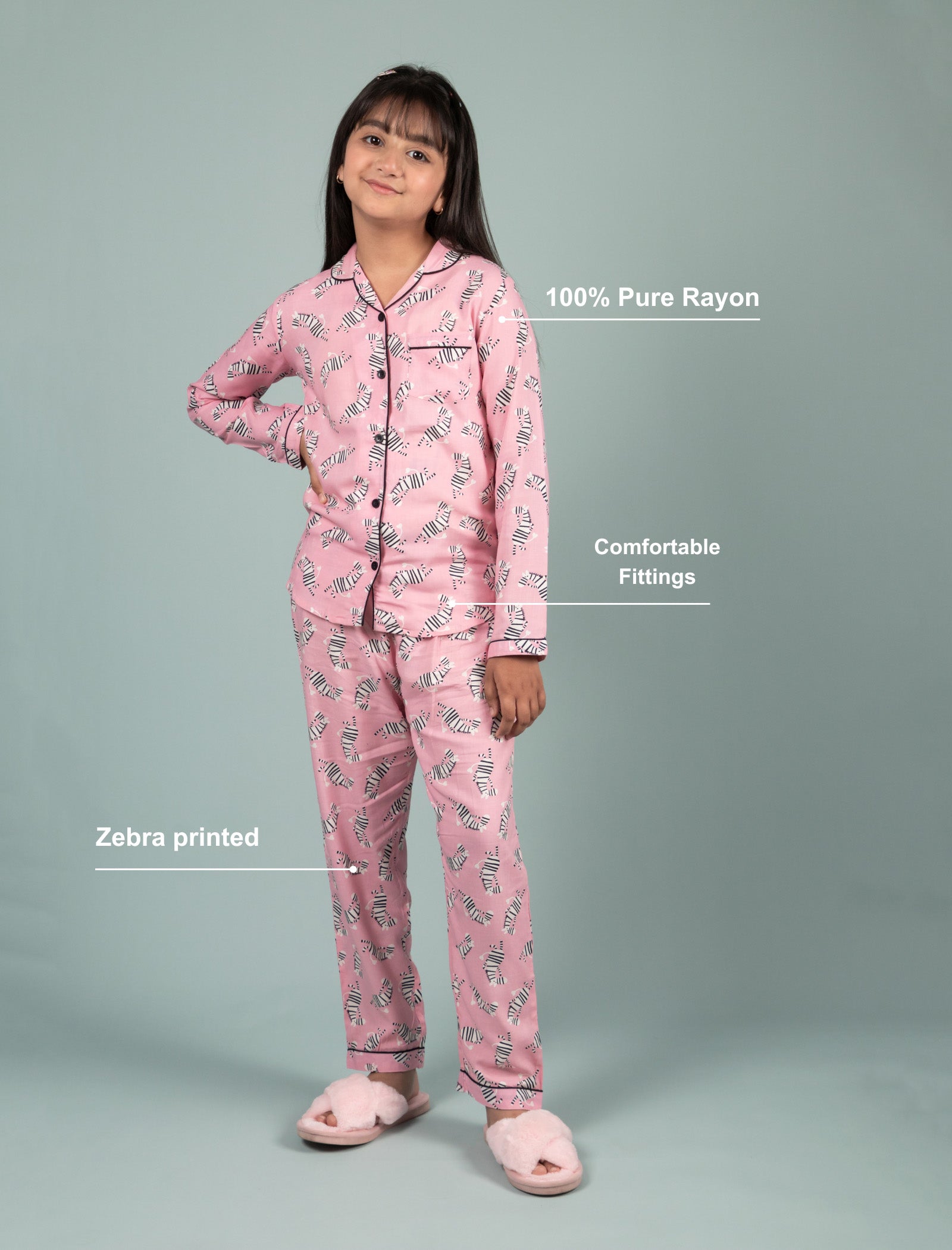 Dancing Zebra Printed Best Sleepwear for Girls Kids Pyjama Set (Full Sleeves, Pink) - Tweeny Mini