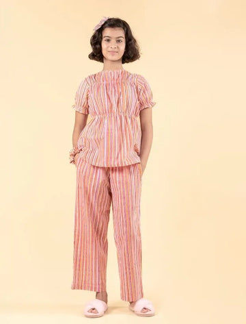 Pure Cotton Hand Block Printed Nightwear for Girls Kids (Orange)
