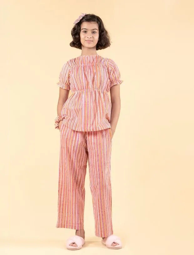 Pure Cotton Hand Block Printed Nightwear for Girls Kids (Orange)