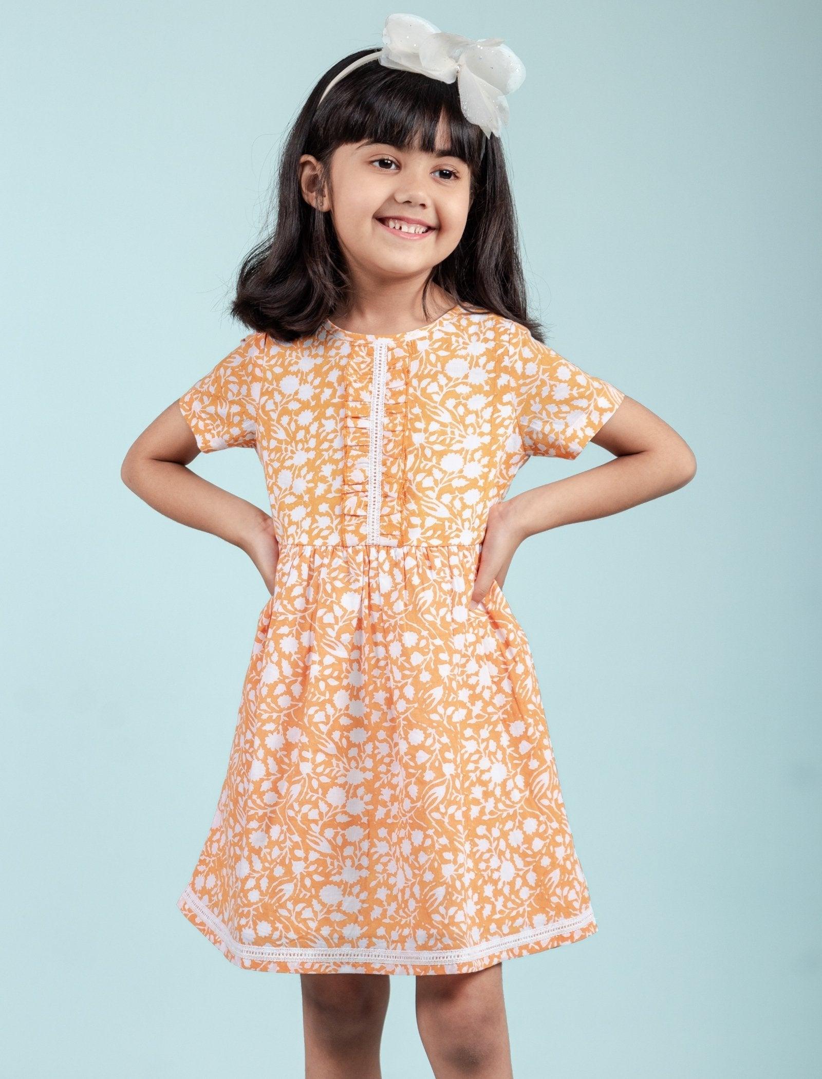 Hand Block Printed Floral Frock for Girls Kids (Orange) - Tweeny Mini