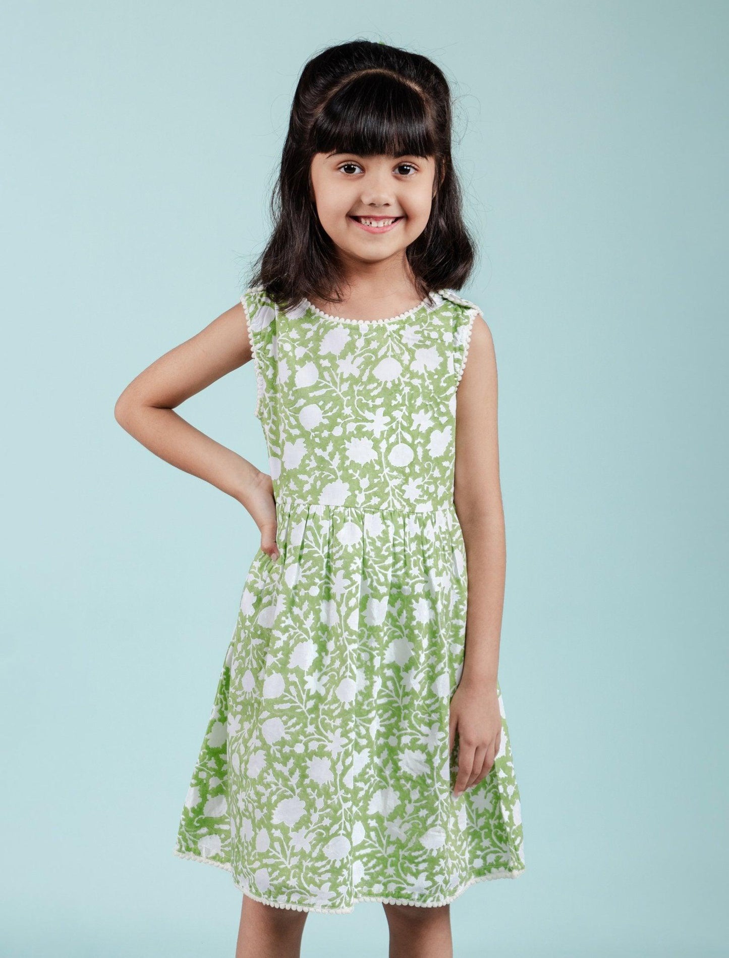 Hand Block Floral Printed Cotton Frock for Kids Girls (Green) - Tweeny Mini