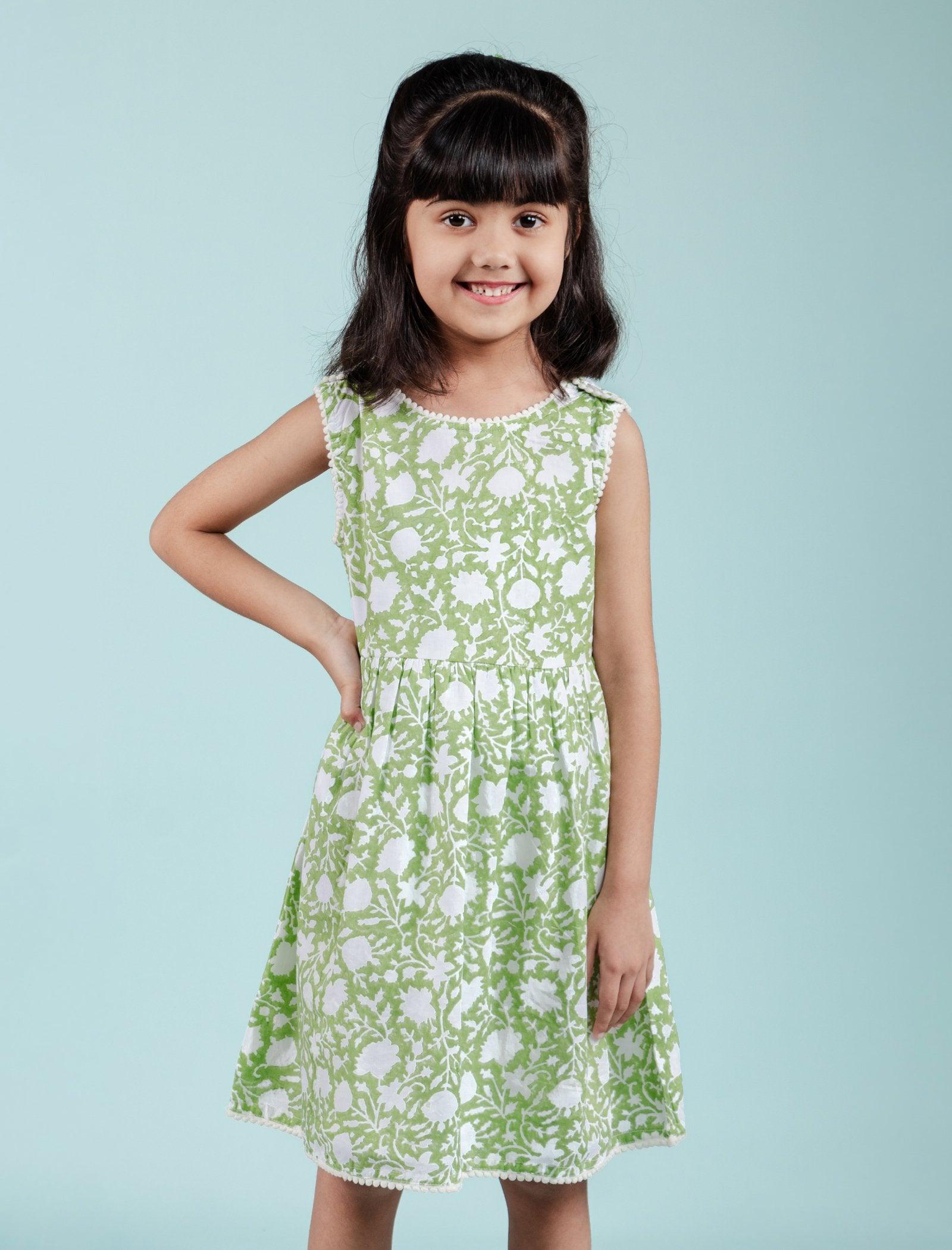 Hand Block Floral Printed Cotton Frock for Kids Girls (Green) - Tweeny Mini