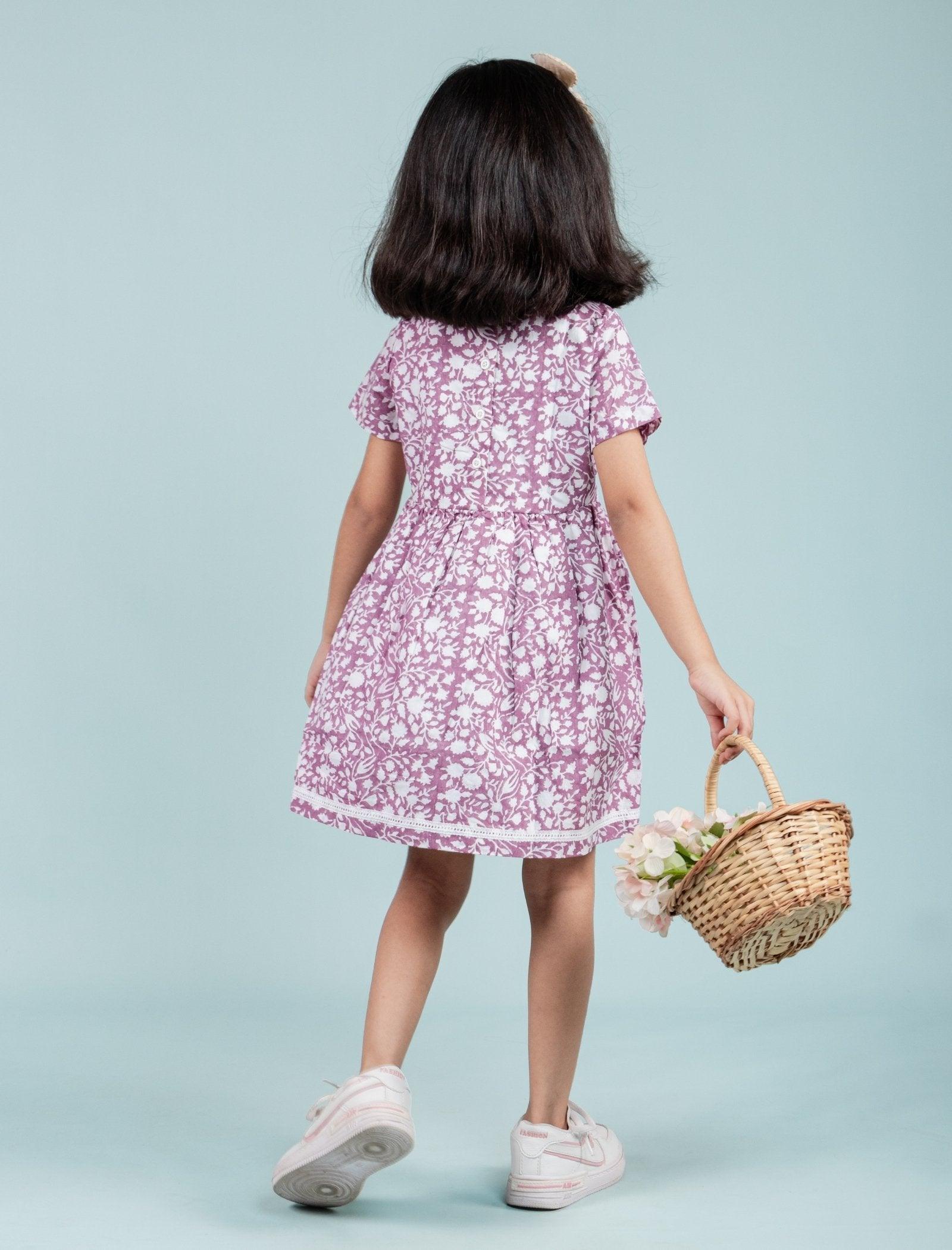 Pure Cotton Hand Block Printed Frock for Girls Kids (Lavender) - Tweeny Mini