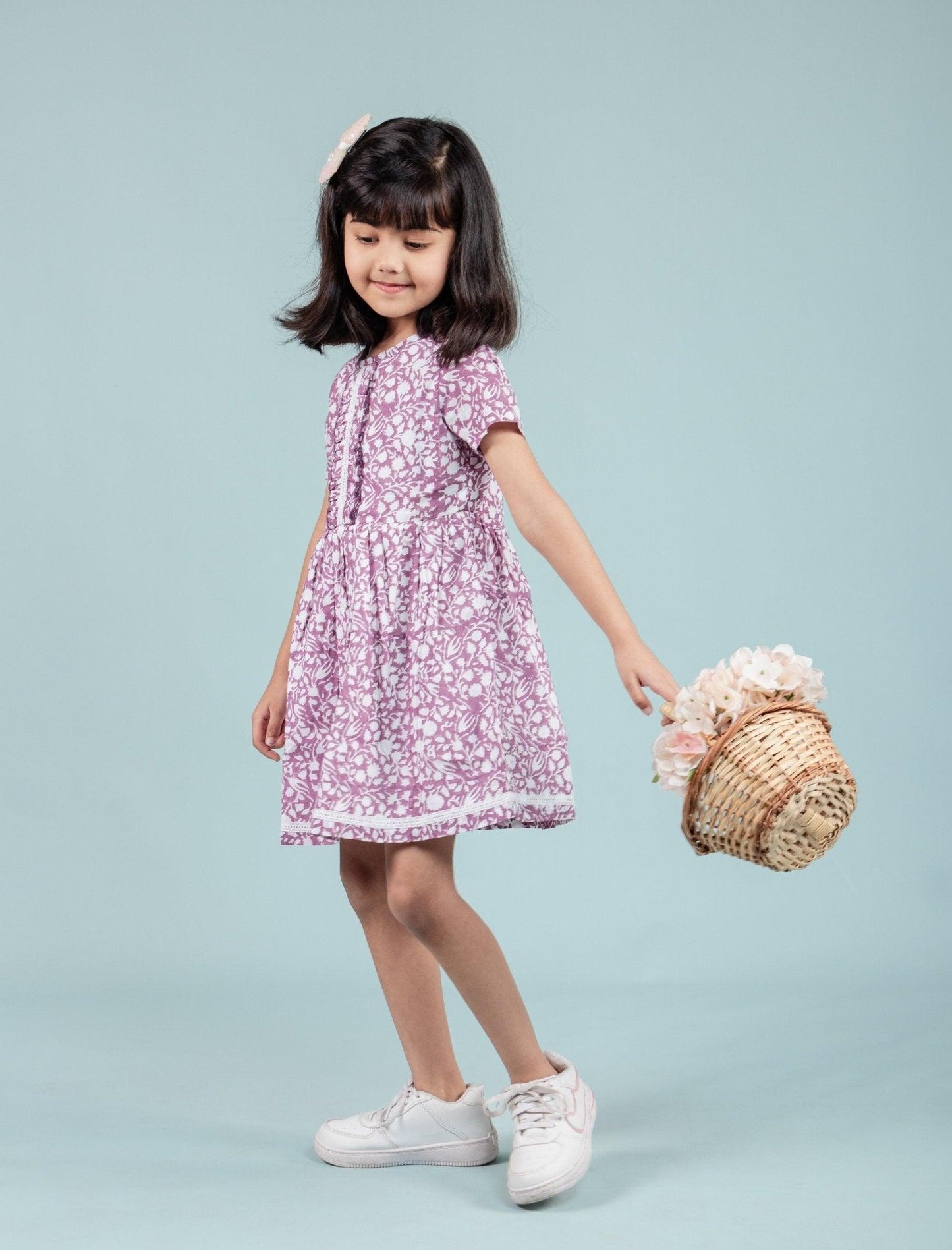 Pure Cotton Hand Block Printed Frock for Girls Kids (Lavender) - Tweeny Mini