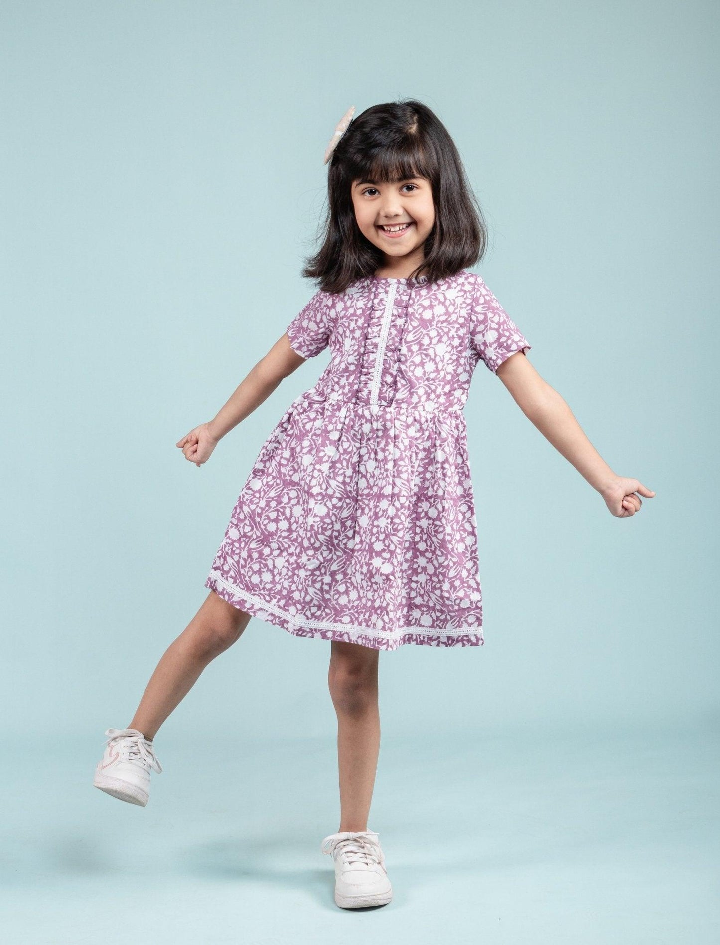 Pure Cotton Hand Block Printed Frock for Girls Kids (Lavender) - Tweeny Mini