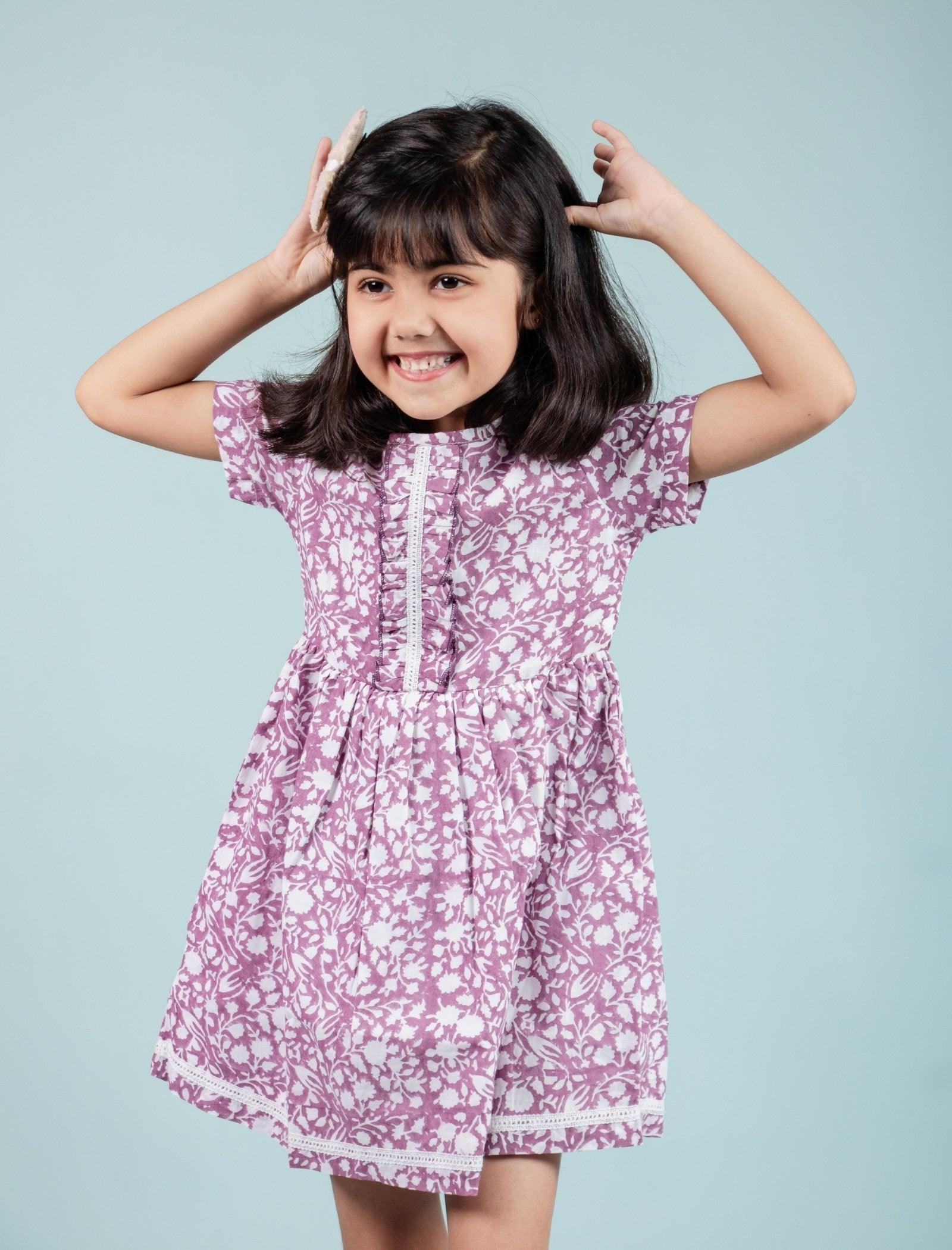 Pure Cotton Hand Block Printed Frock for Girls Kids (Lavender) - Tweeny Mini