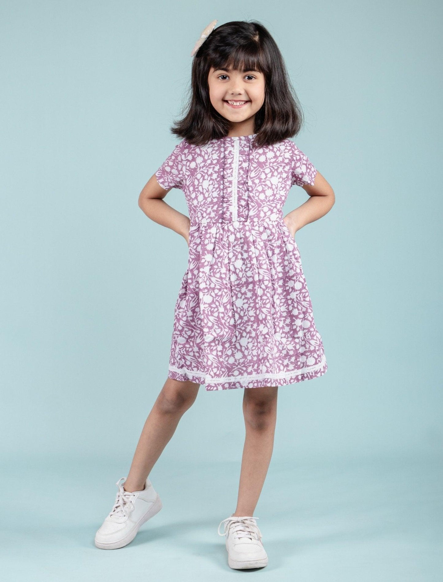 Pure Cotton Hand Block Printed Frock for Girls Kids (Lavender) - Tweeny Mini