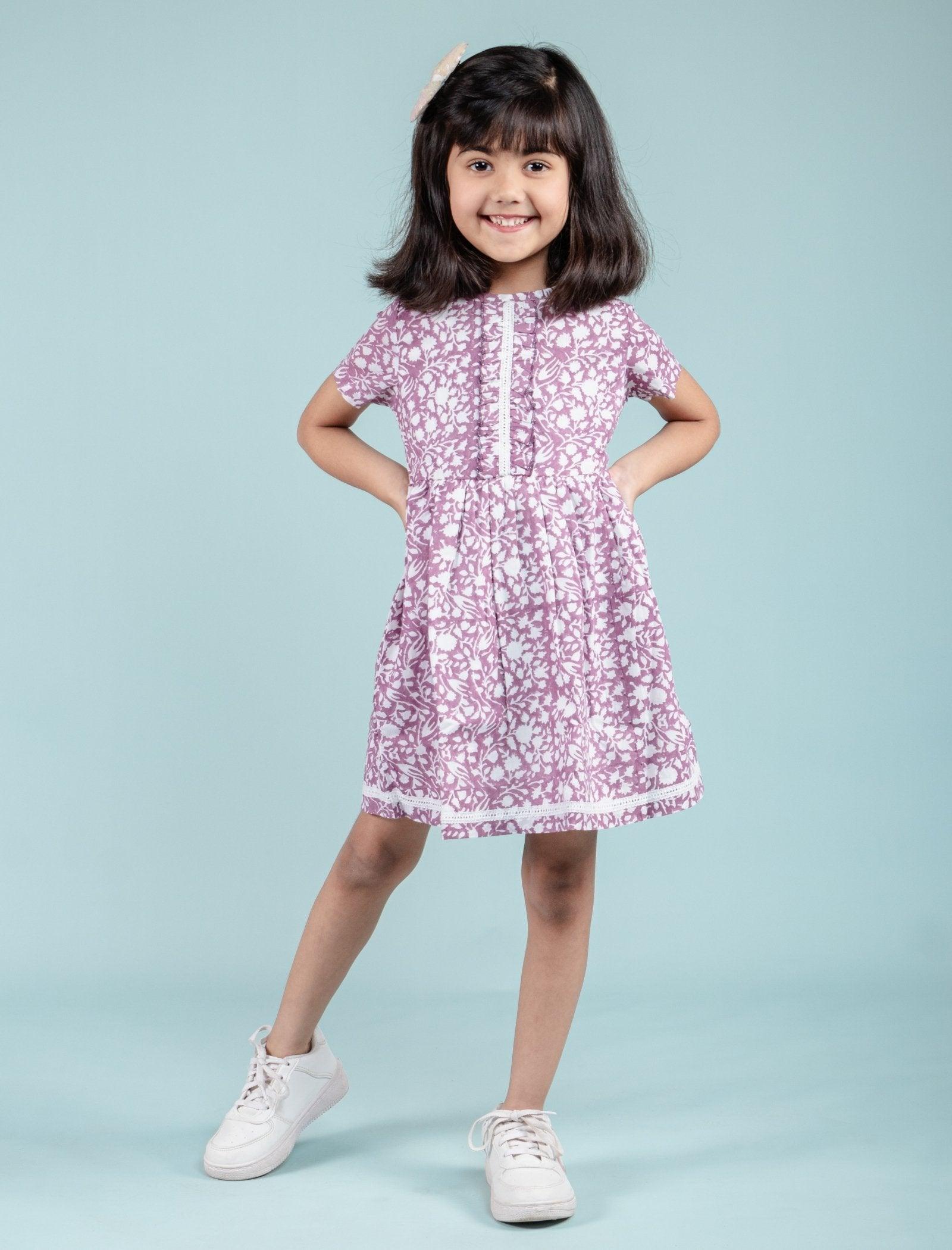 Pure Cotton Hand Block Printed Frock for Girls Kids (Lavender) - Tweeny Mini