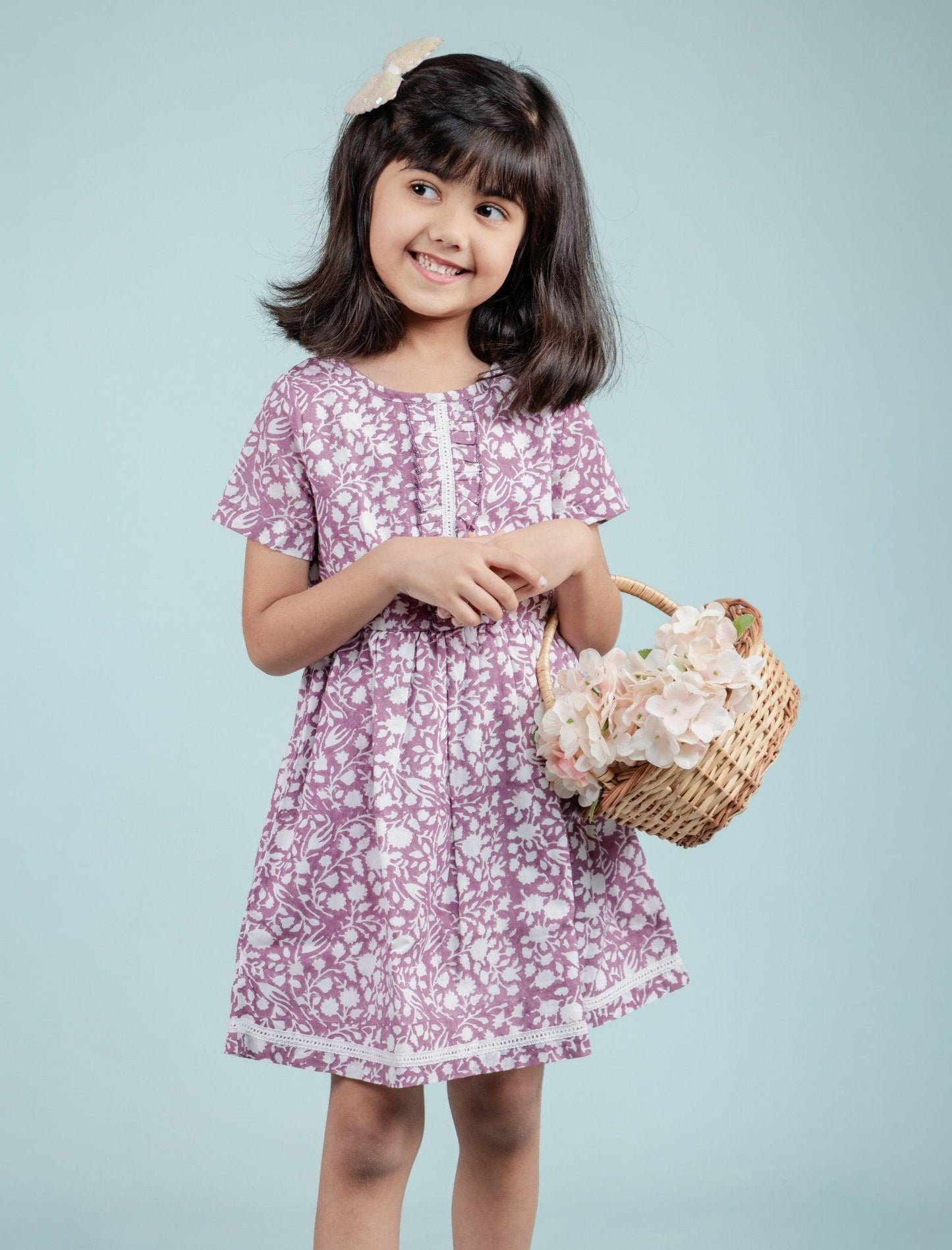 Pure Cotton Hand Block Printed Frock for Girls Kids (Lavender) - Tweeny Mini