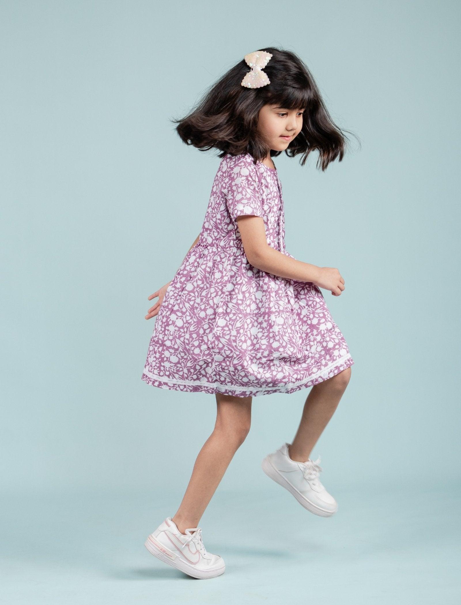 Pure Cotton Hand Block Printed Frock for Girls Kids (Lavender) - Tweeny Mini