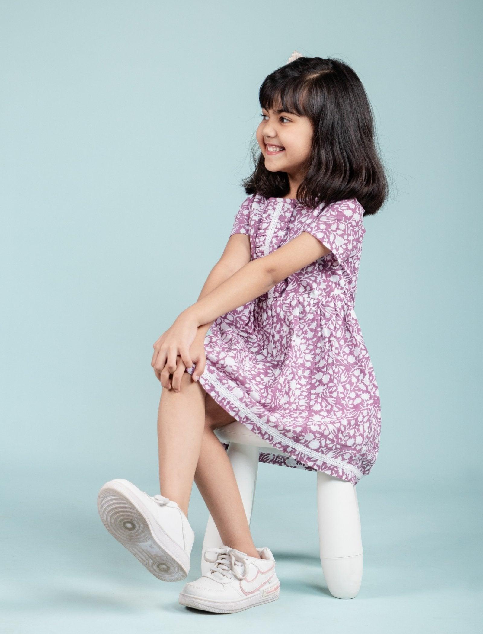 Pure Cotton Hand Block Printed Frock for Girls Kids (Lavender) - Tweeny Mini