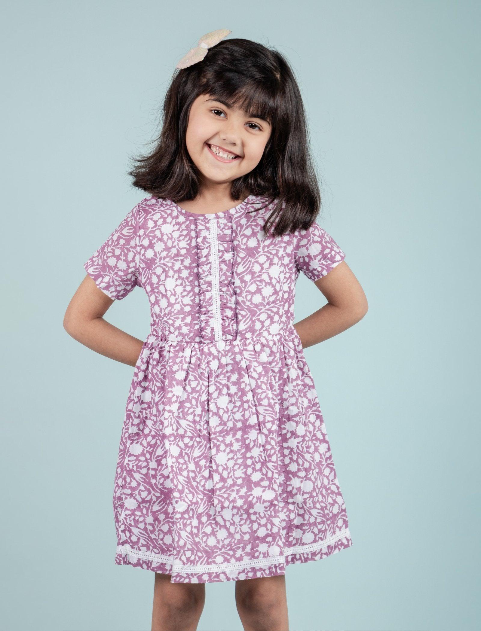 Pure Cotton Hand Block Printed Frock for Girls Kids (Lavender) - Tweeny Mini