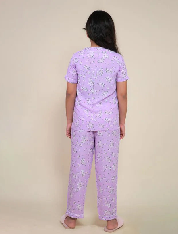 Lavender Floral Rayon Night Suit for Girls