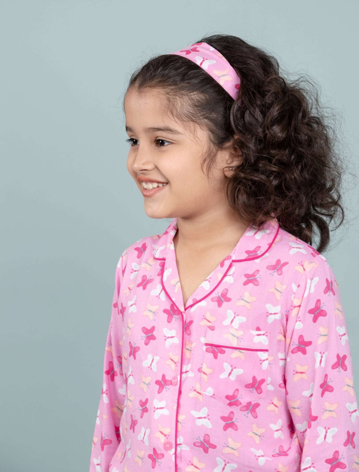 Pure Rayon Butterfly Nightsuit for Girls Kids (Full Sleeves, Pink) - Tweeny Mini