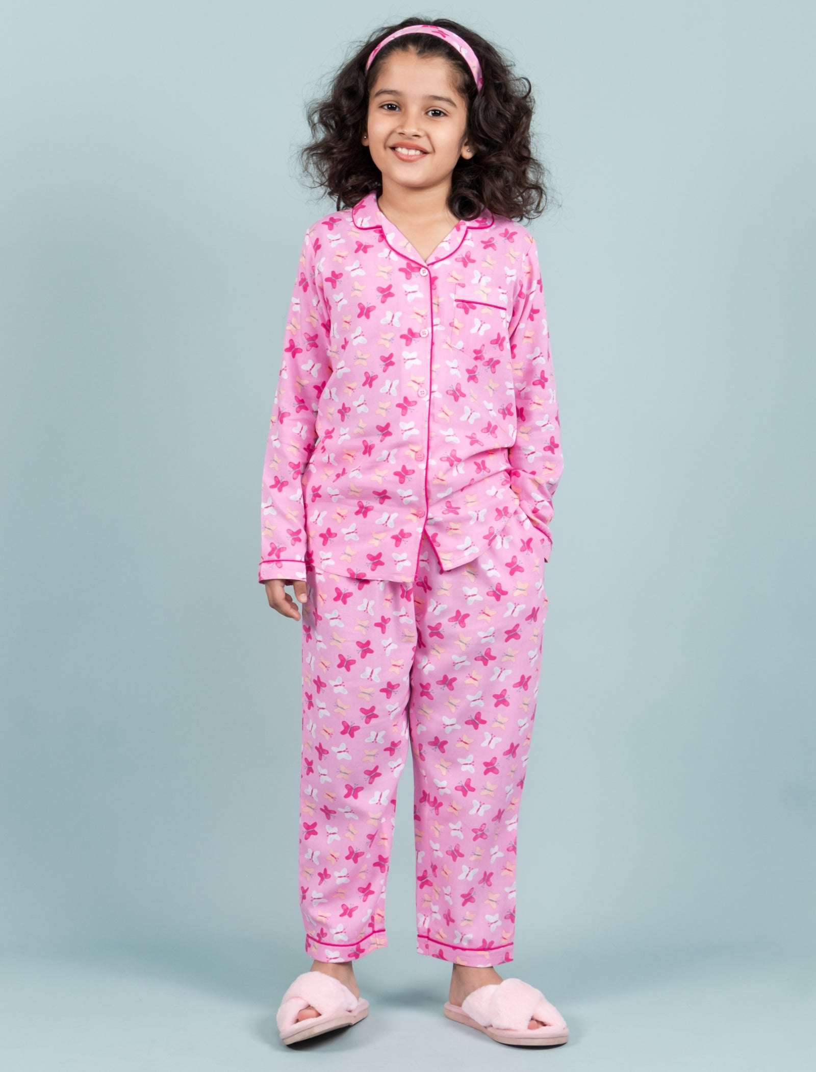 Pure Rayon Butterfly Nightsuit for Girls Kids (Full Sleeves, Pink) - Tweeny Mini