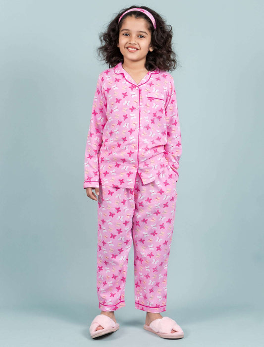 Pure Rayon Butterfly Nightsuit for Girls Kids (Full Sleeves, Pink) - Tweeny Mini