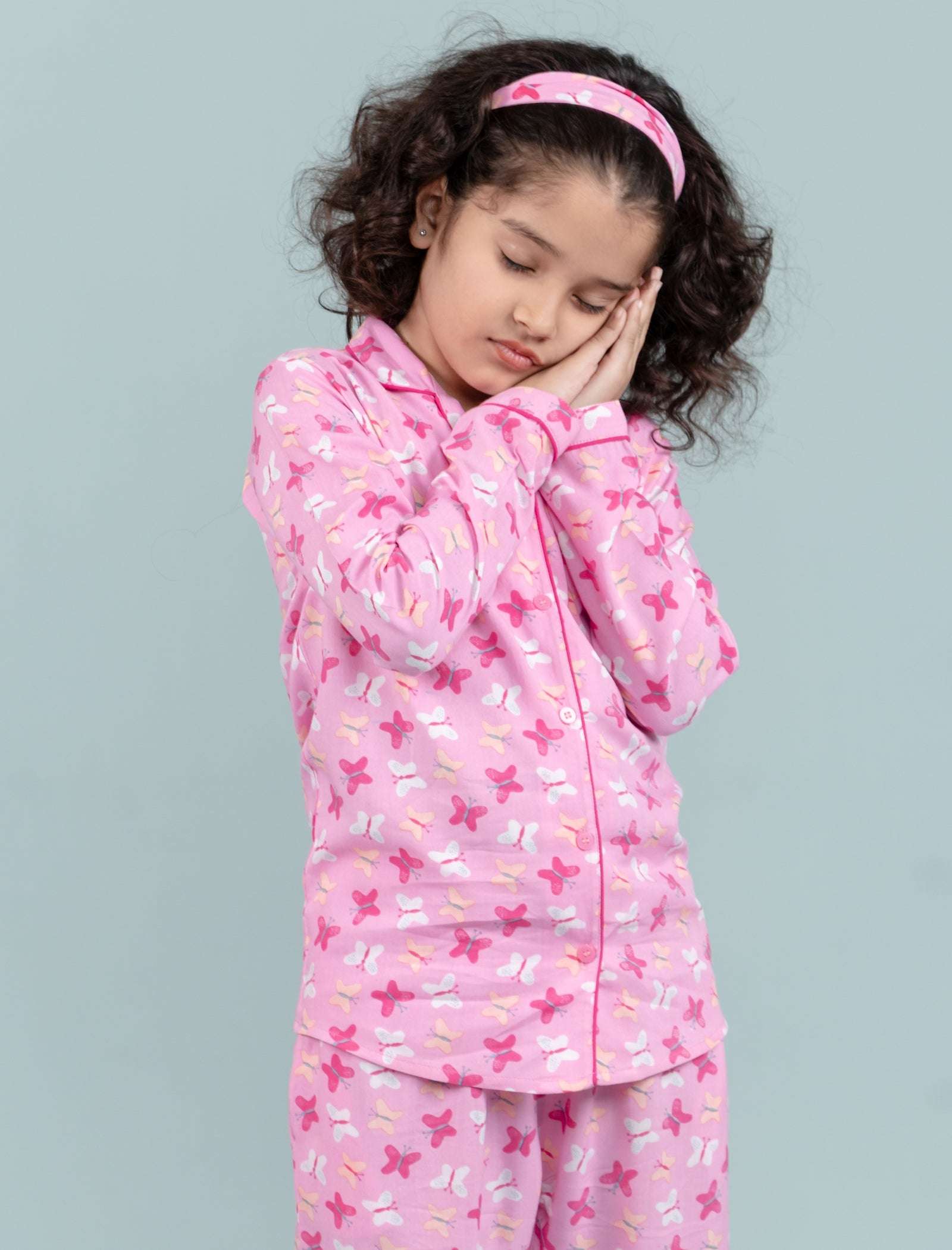Pure Rayon Butterfly Nightsuit for Girls Kids (Full Sleeves, Pink) - Tweeny Mini