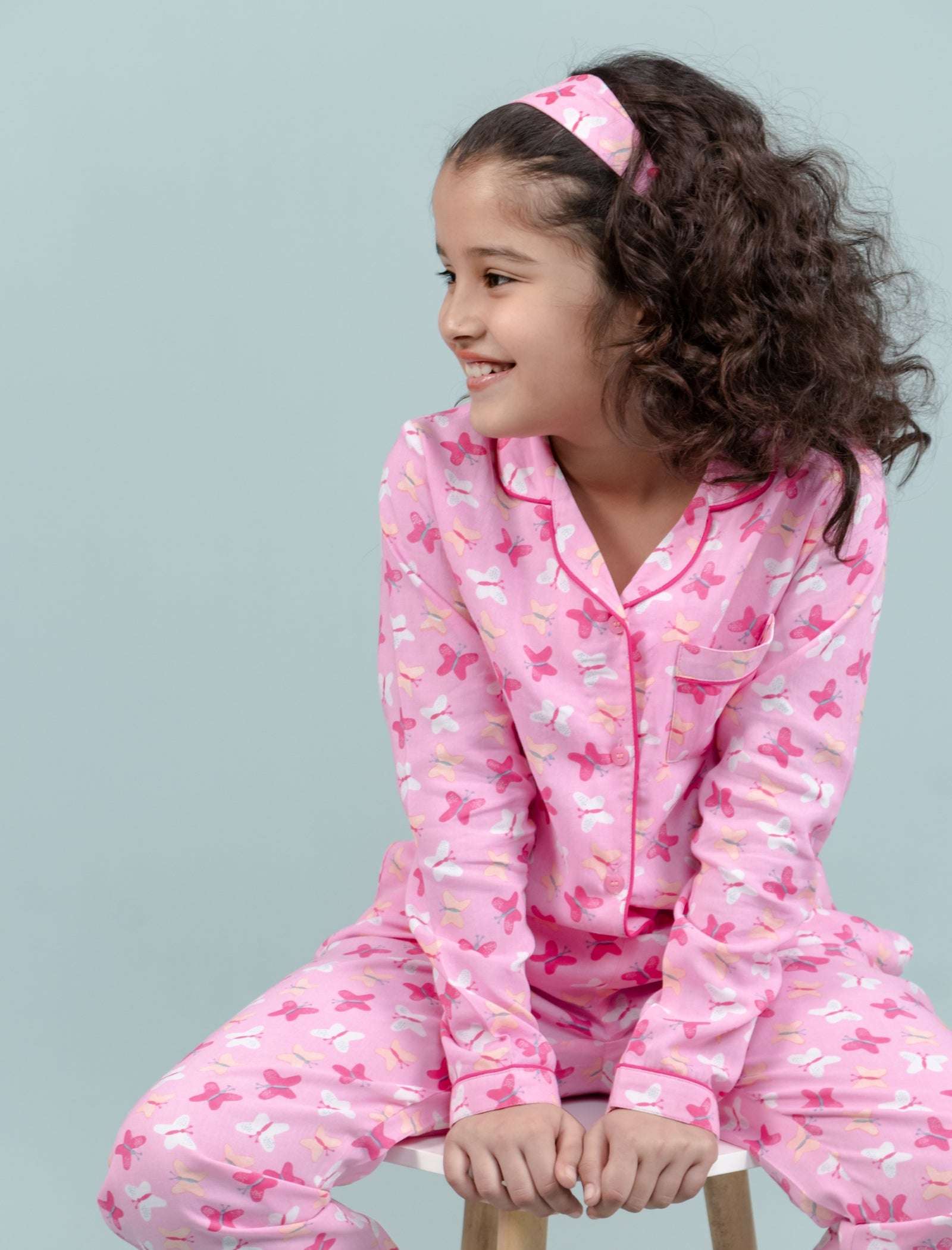 Pure Rayon Butterfly Nightsuit for Girls Kids (Full Sleeves, Pink) - Tweeny Mini