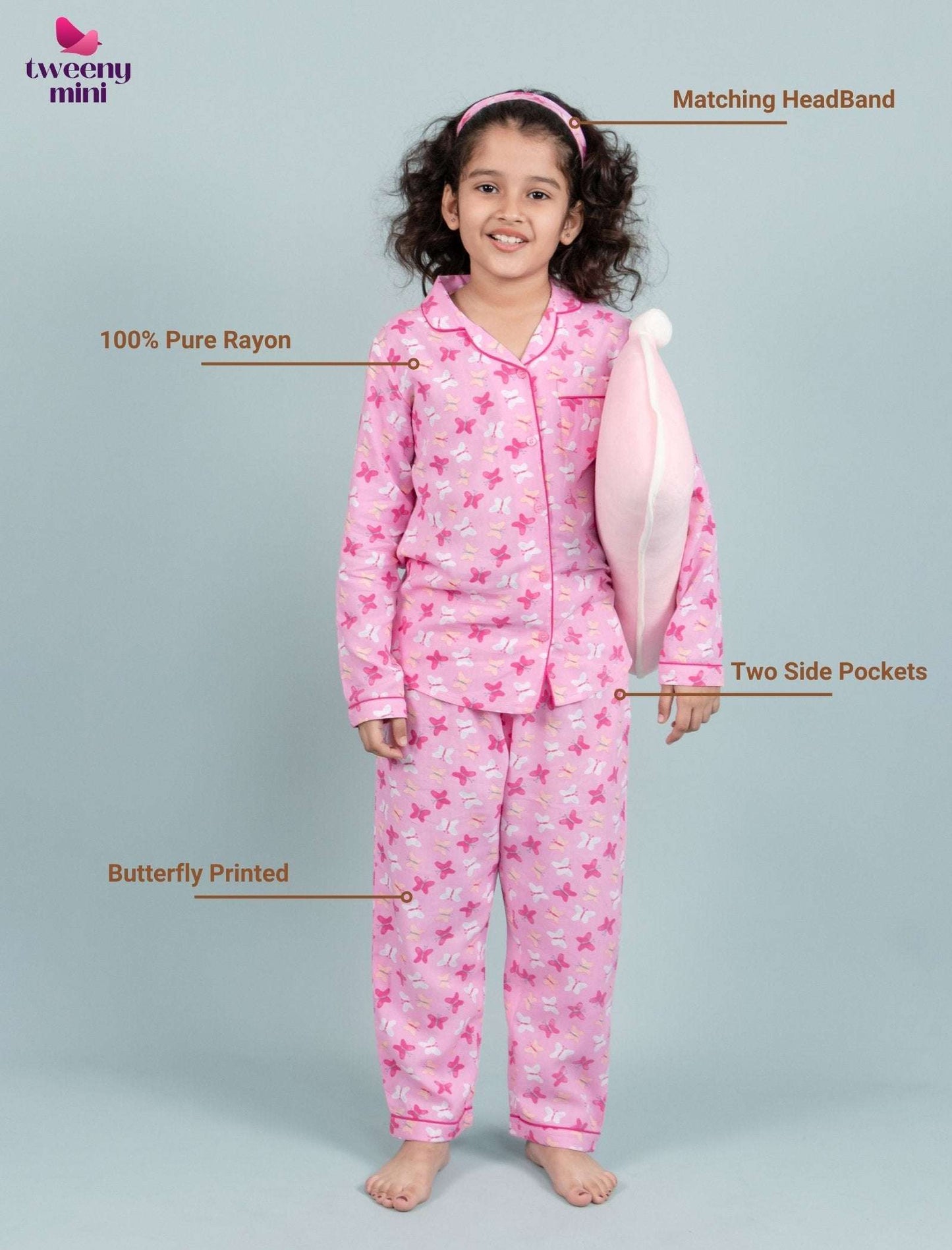 Pure Rayon Butterfly Nightsuit for Girls Kids (Full Sleeves, Pink) - Tweeny Mini