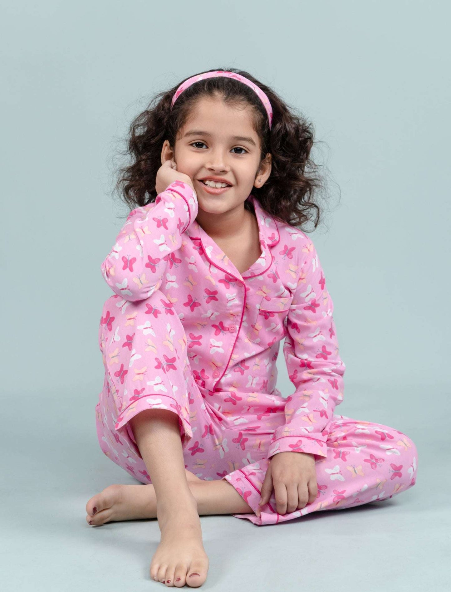 Pure Rayon Butterfly Nightsuit for Girls Kids (Full Sleeves, Pink) - Tweeny Mini