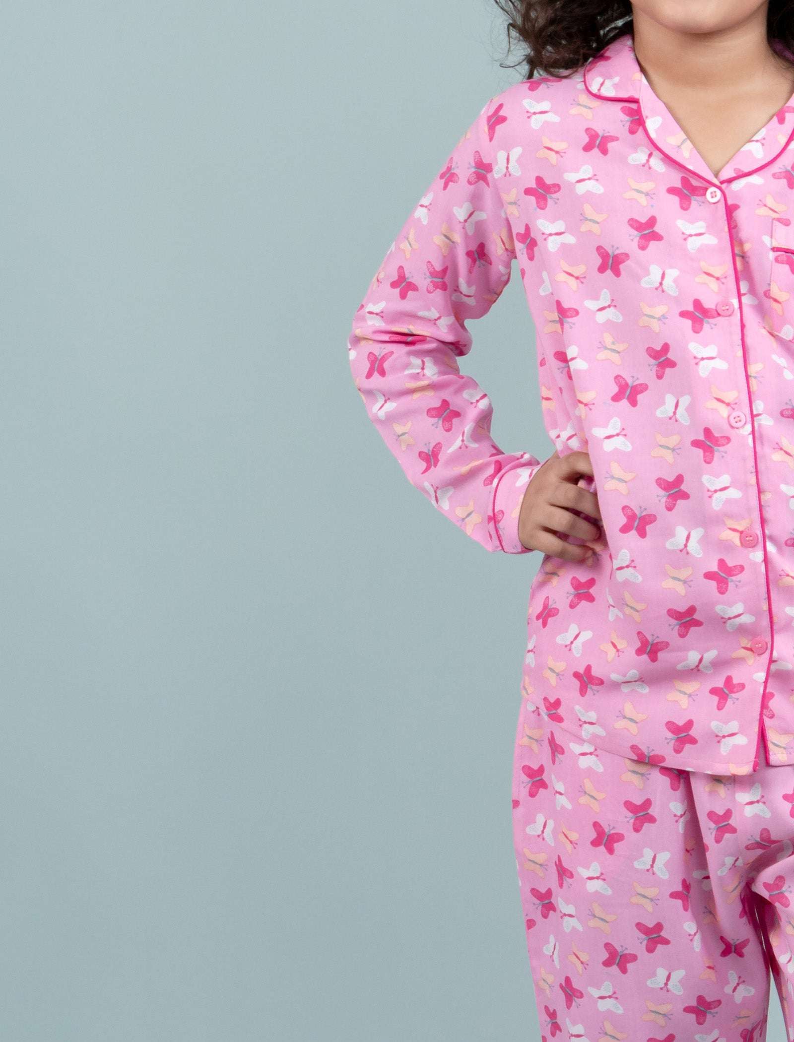 Pure Rayon Butterfly Nightsuit for Girls Kids (Full Sleeves, Pink) - Tweeny Mini