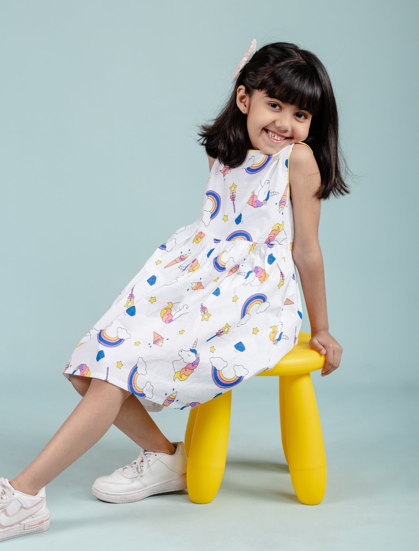 Rainbow & Unicorn Printed Frock for Girls kids (White) - Tweeny Mini