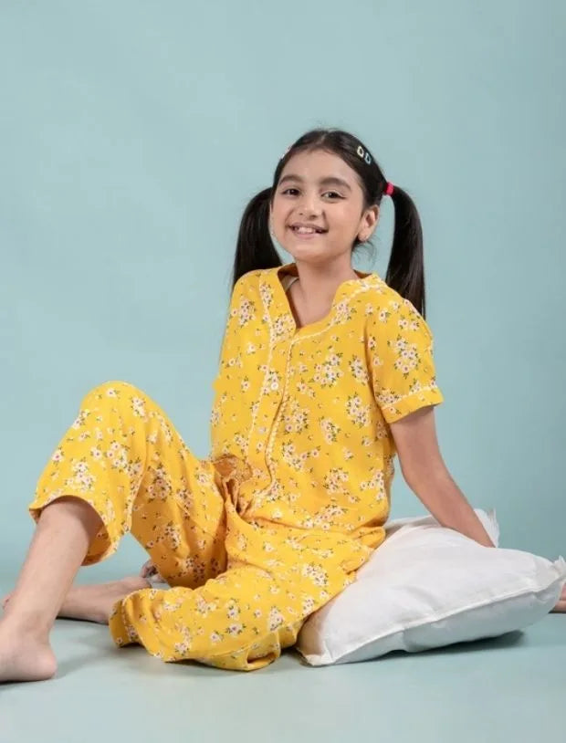 Pure Rayon Floral Nightwear for Girls Kids (Half Sleeve, Yellow)