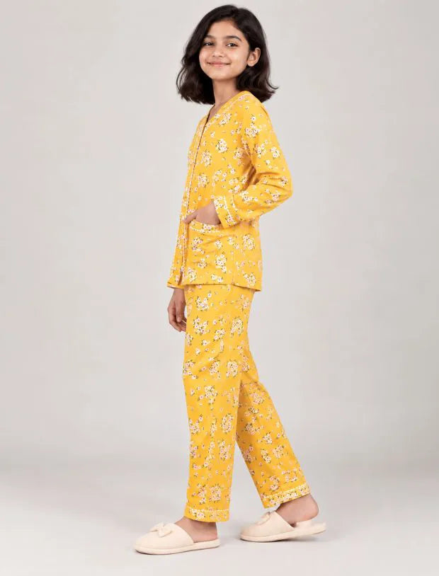Pure Rayon Girls Kids Floral Night Dress (Full Sleeves, Yellow)