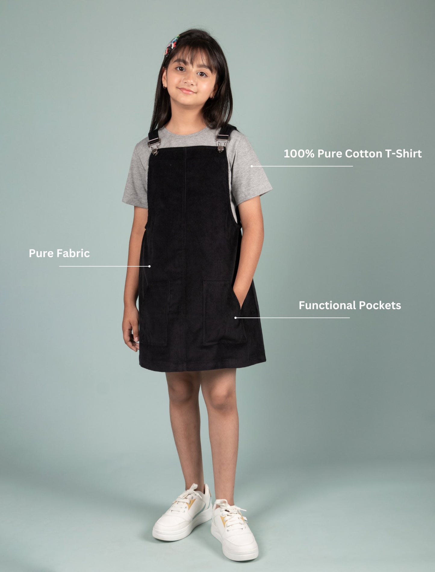 Classic Corduroy Pinafore Dress for Kids Girls with T-shirt (Black) - Tweeny Mini