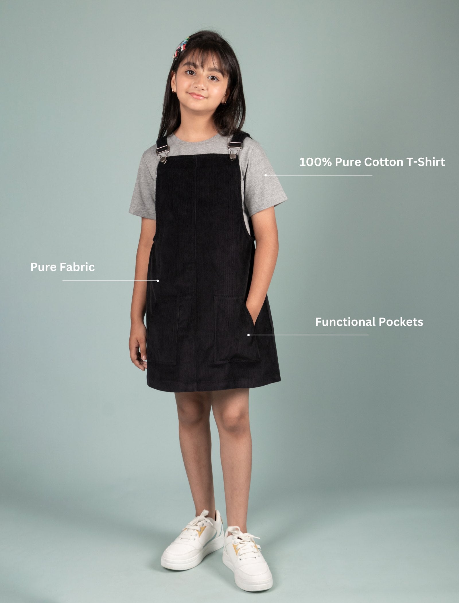 Classic Corduroy Pinafore Dress for Kids Girls with T-shirt (Black) - Tweeny Mini