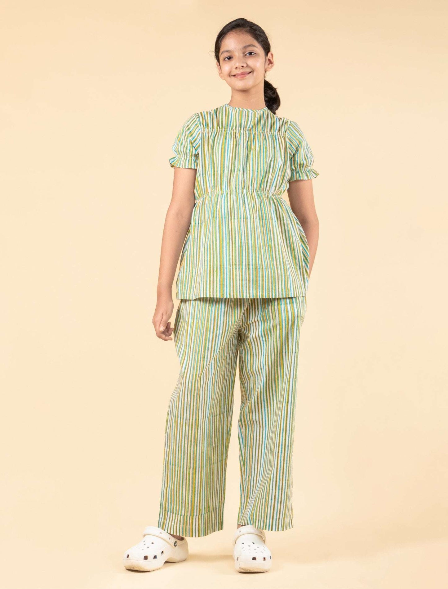 Hand Block Printed Pure Cotton Nightsuits for Girls (Green) - Tweeny Mini