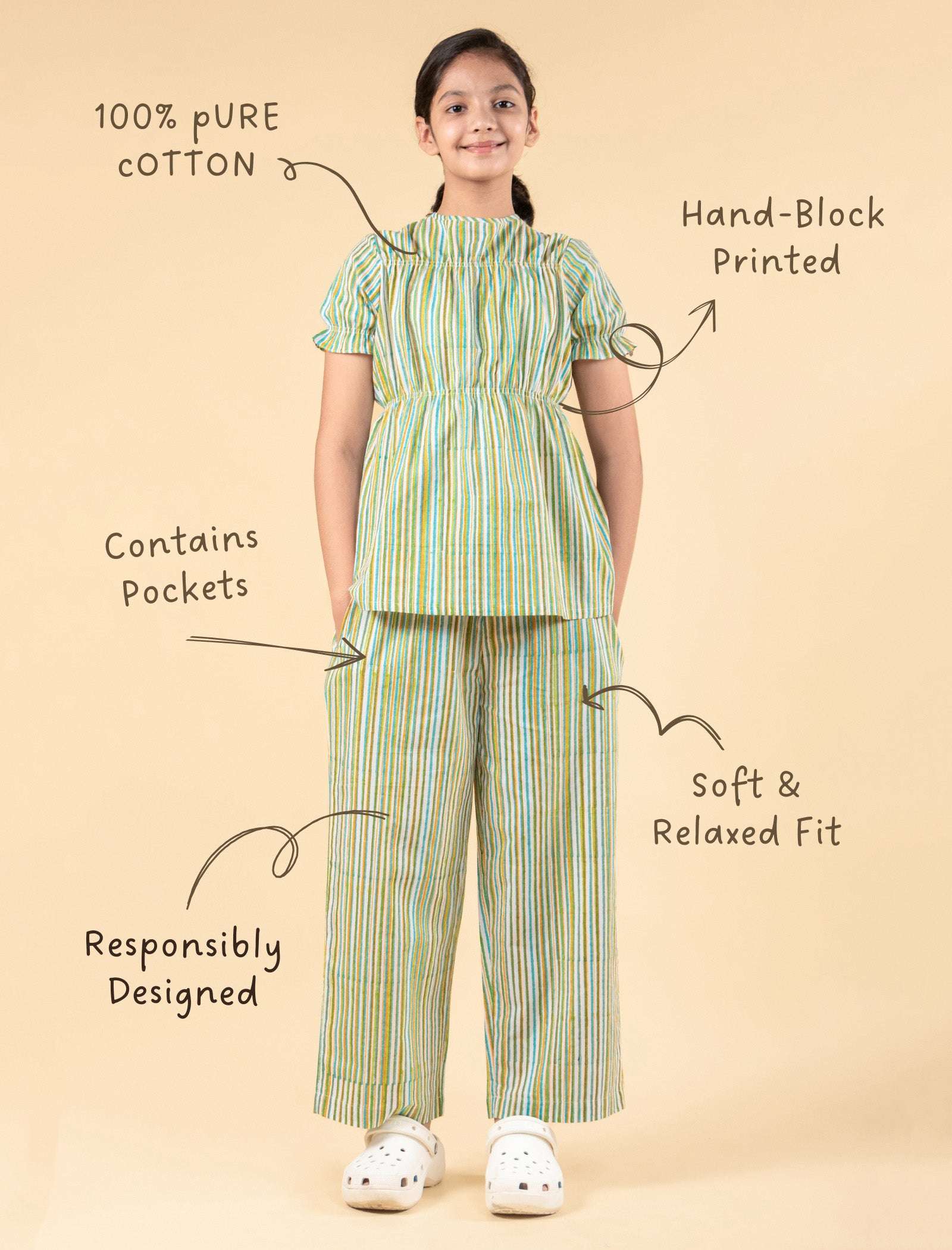 Hand Block Printed Pure Cotton Nightsuits for Girls (Green) - Tweeny Mini