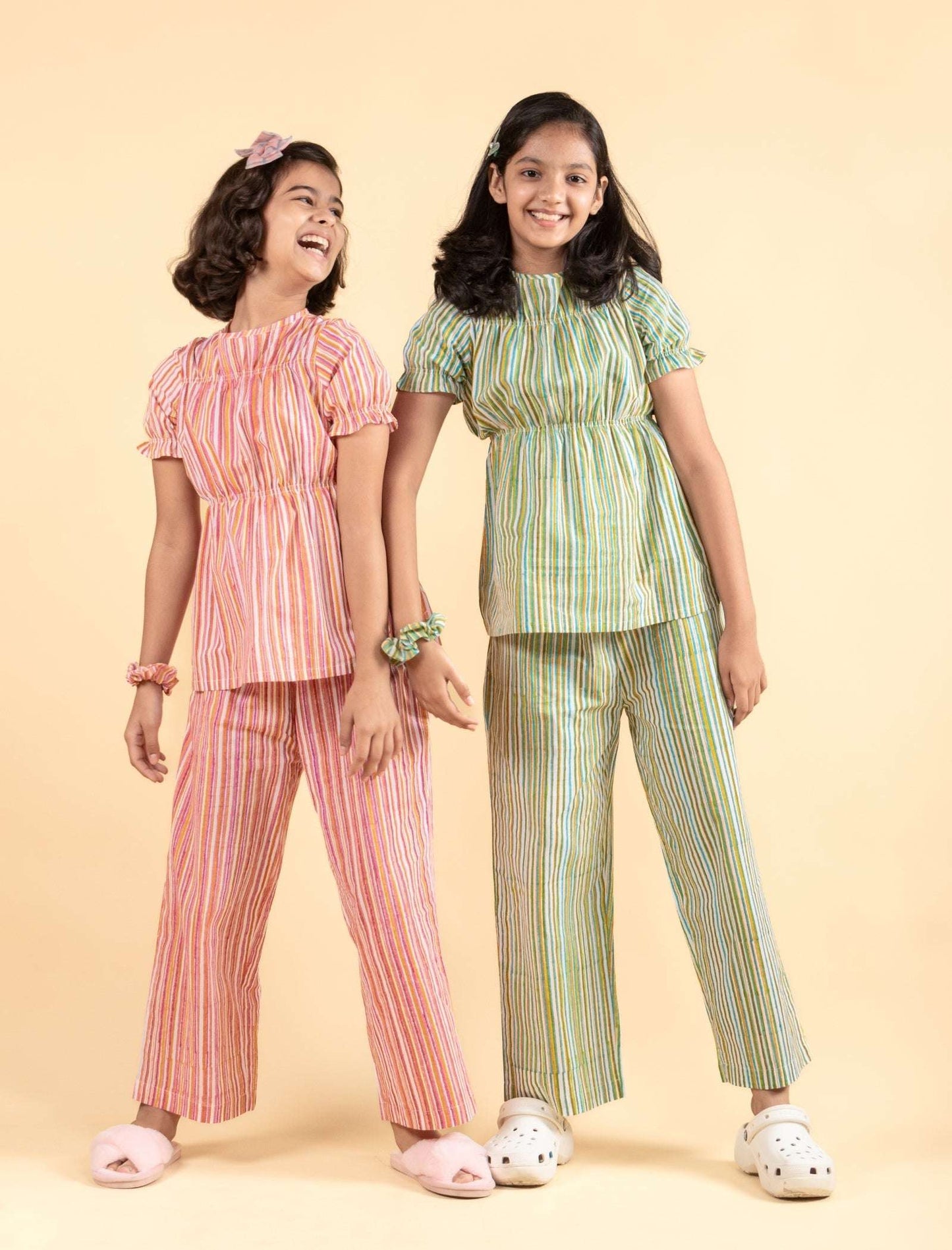 Hand Block Printed Pure Cotton Nightsuits for Girls (Green) - Tweeny Mini