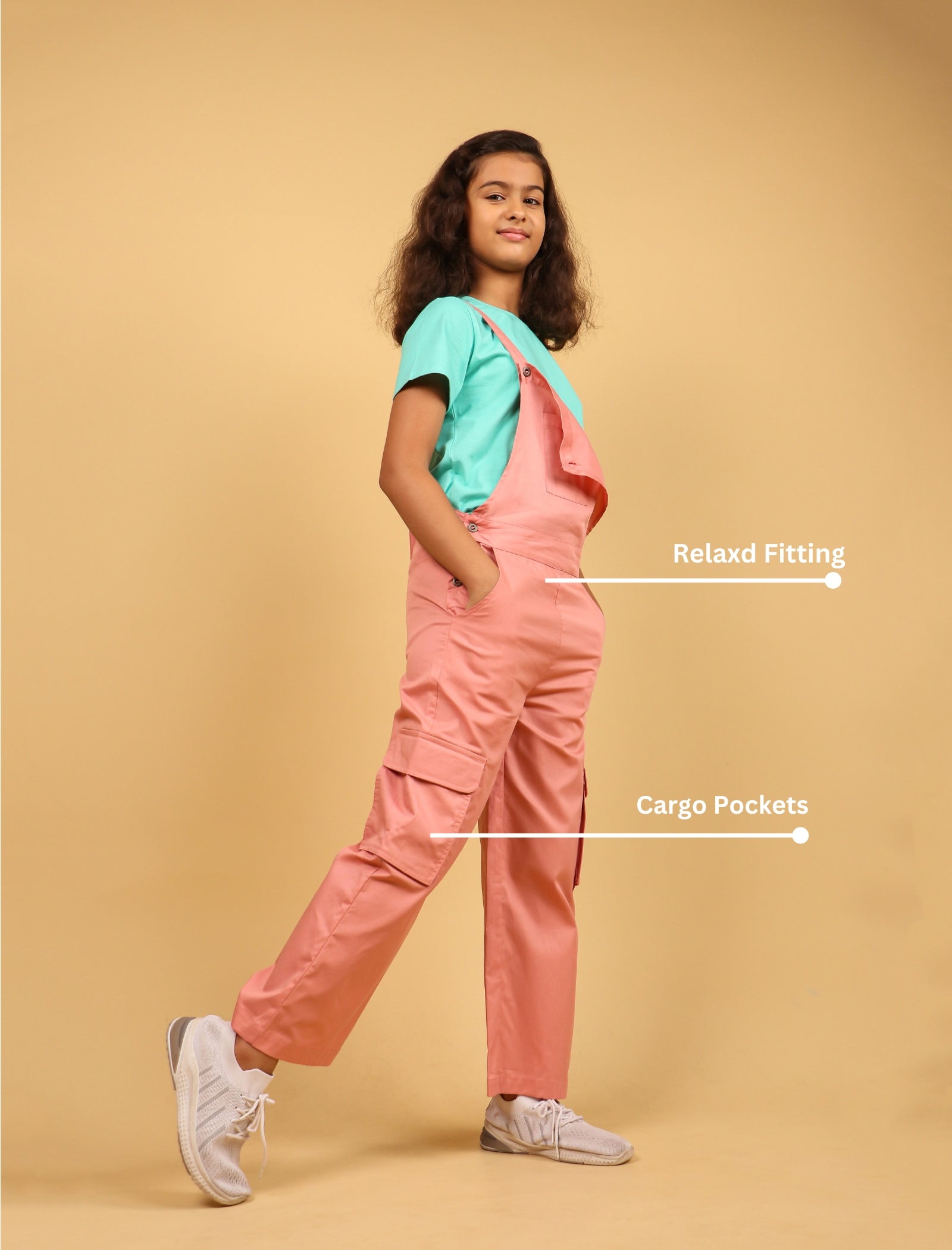 Cargo Twill Cotton Dungaree for Girls Kids (Peach) - Tweeny Mini