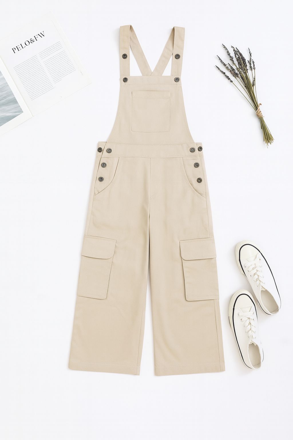 Cargo Twill Cotton Dungaree For Kids Girls (Beige) - Tweeny Mini