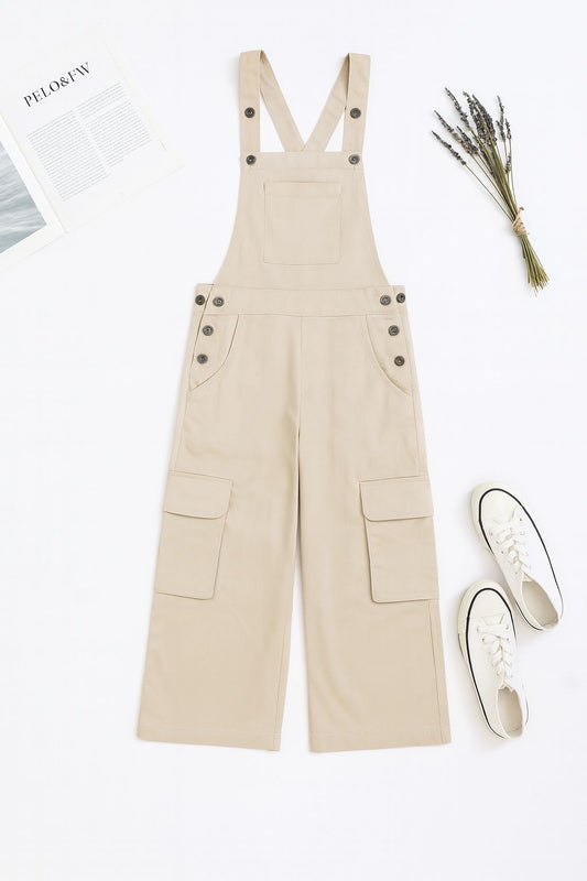 Cargo Twill Cotton Dungaree For Kids Girls (Beige) - Tweeny Mini