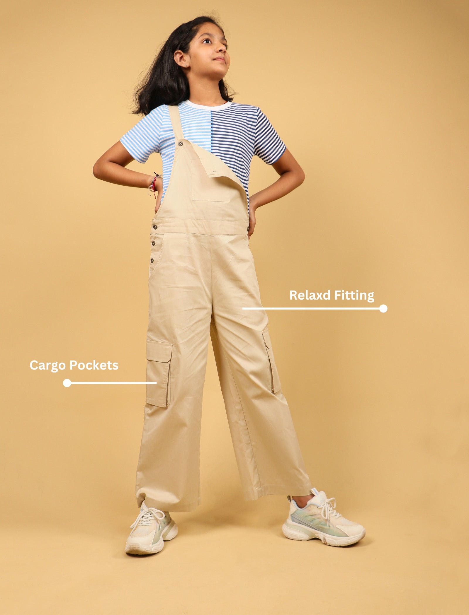 Cargo Twill Cotton Dungaree For Kids Girls (Beige) - Tweeny Mini