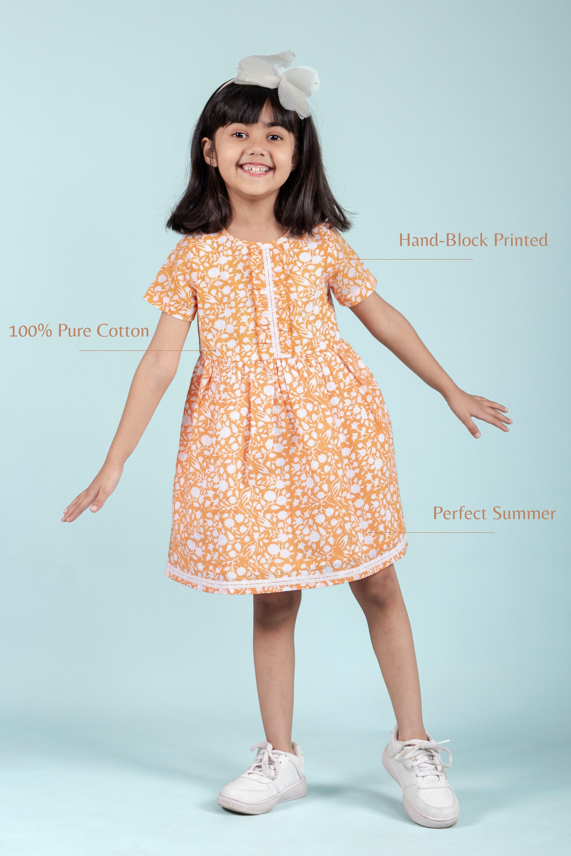 Hand Block Printed Floral Frock for Girls Kids (Orange) - Tweeny Mini