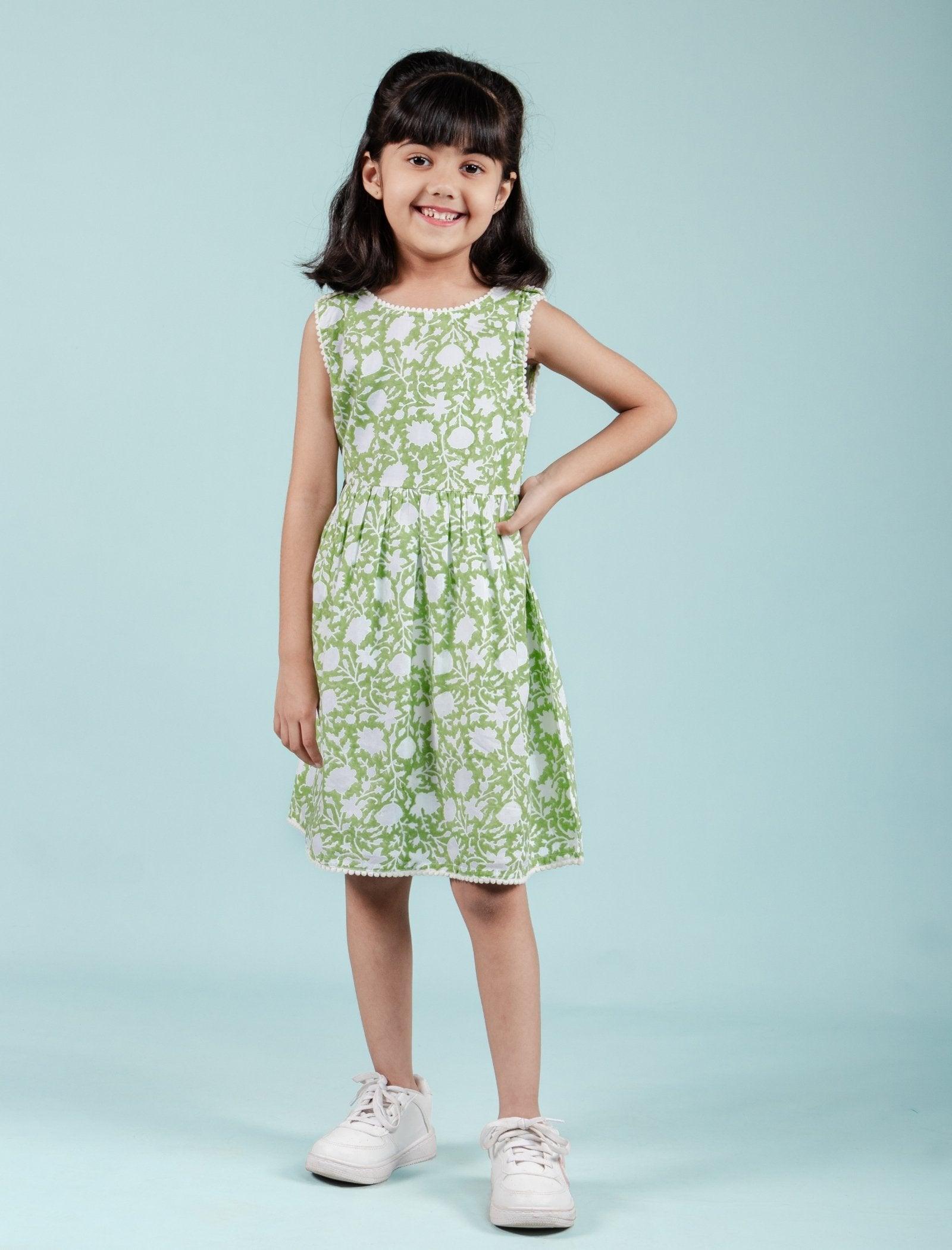 Hand Block Floral Printed Cotton Frock for Kids Girls (Green) - Tweeny Mini