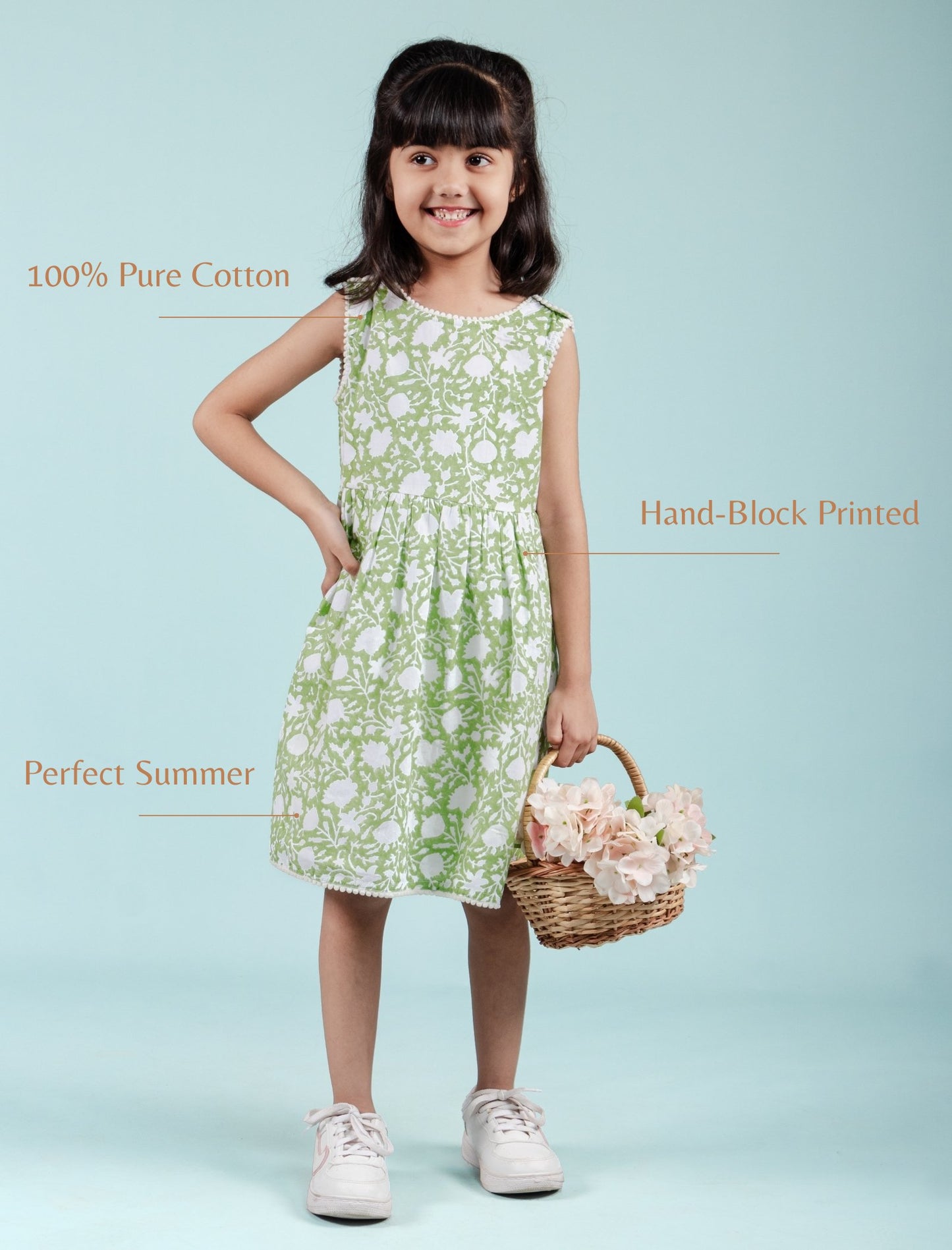 Hand Block Floral Printed Cotton Frock for Kids Girls (Green) - Tweeny Mini