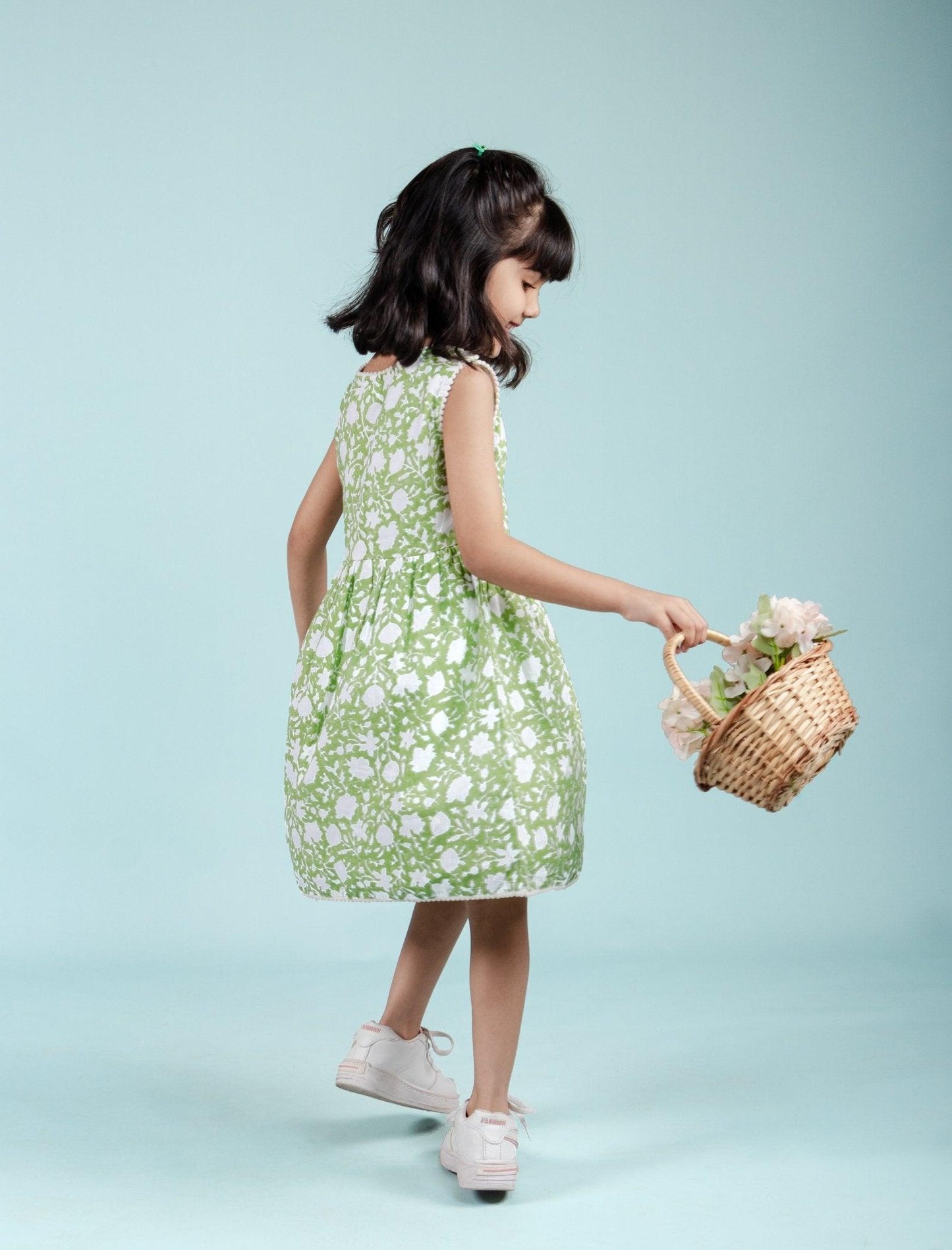 Hand Block Floral Printed Cotton Frock for Kids Girls (Green) - Tweeny Mini