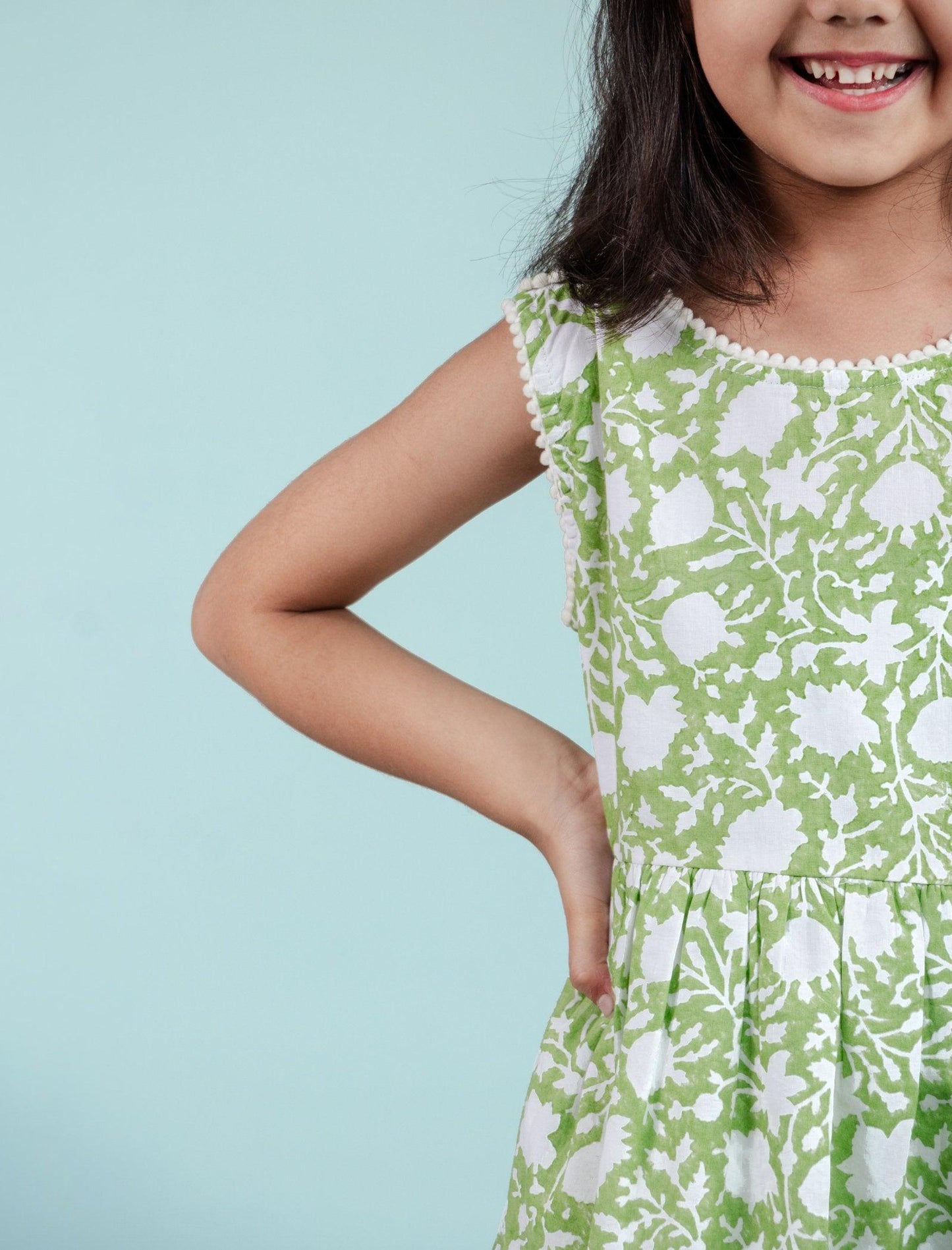 Hand Block Floral Printed Cotton Frock for Kids Girls (Green) - Tweeny Mini