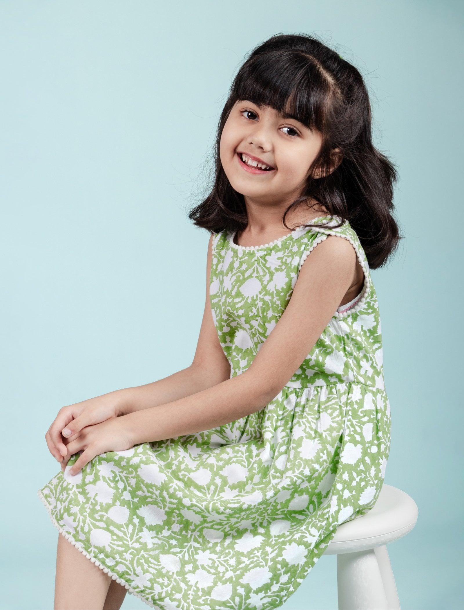 Hand Block Floral Printed Cotton Frock for Kids Girls (Green) - Tweeny Mini