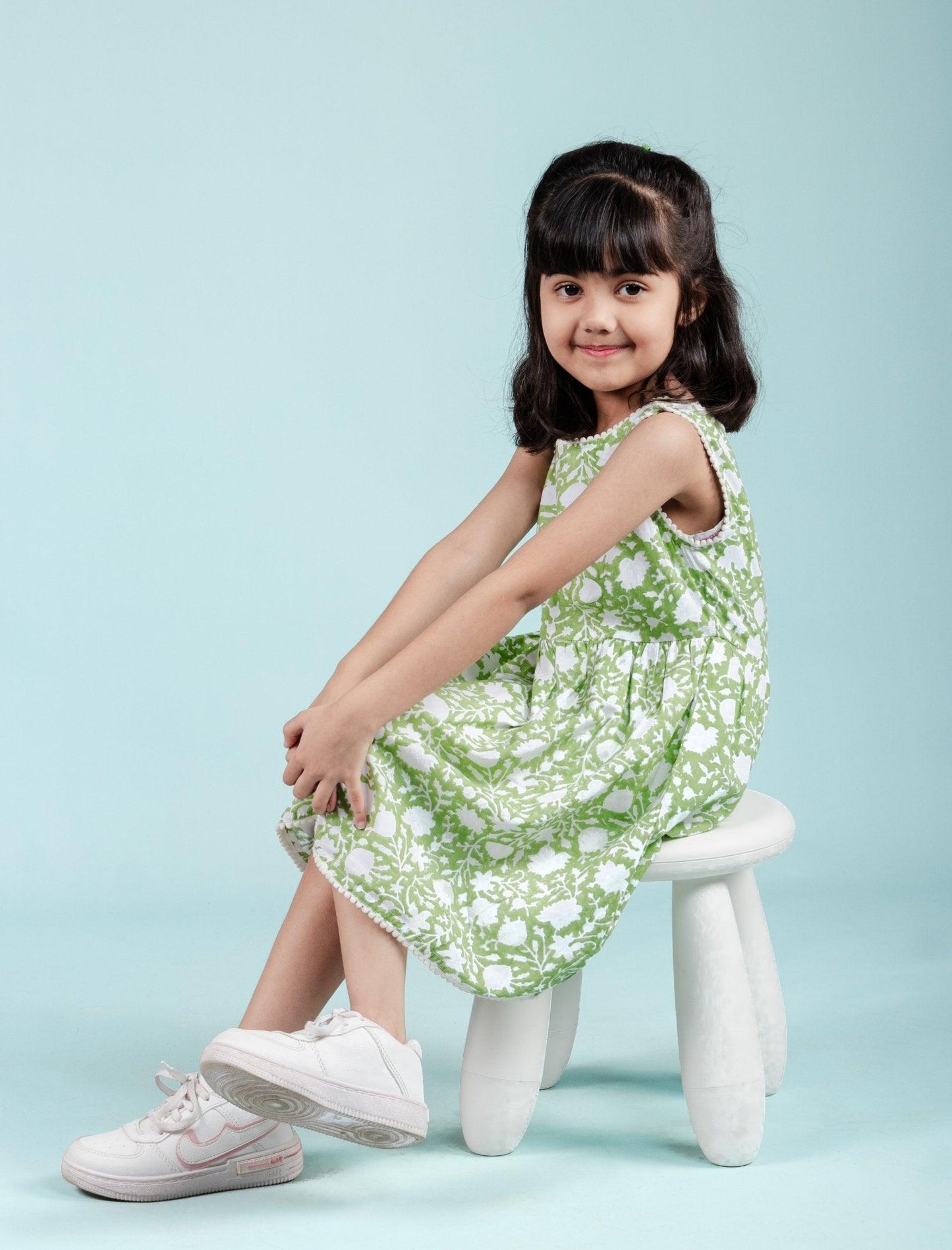 Hand Block Floral Printed Cotton Frock for Kids Girls (Green) - Tweeny Mini
