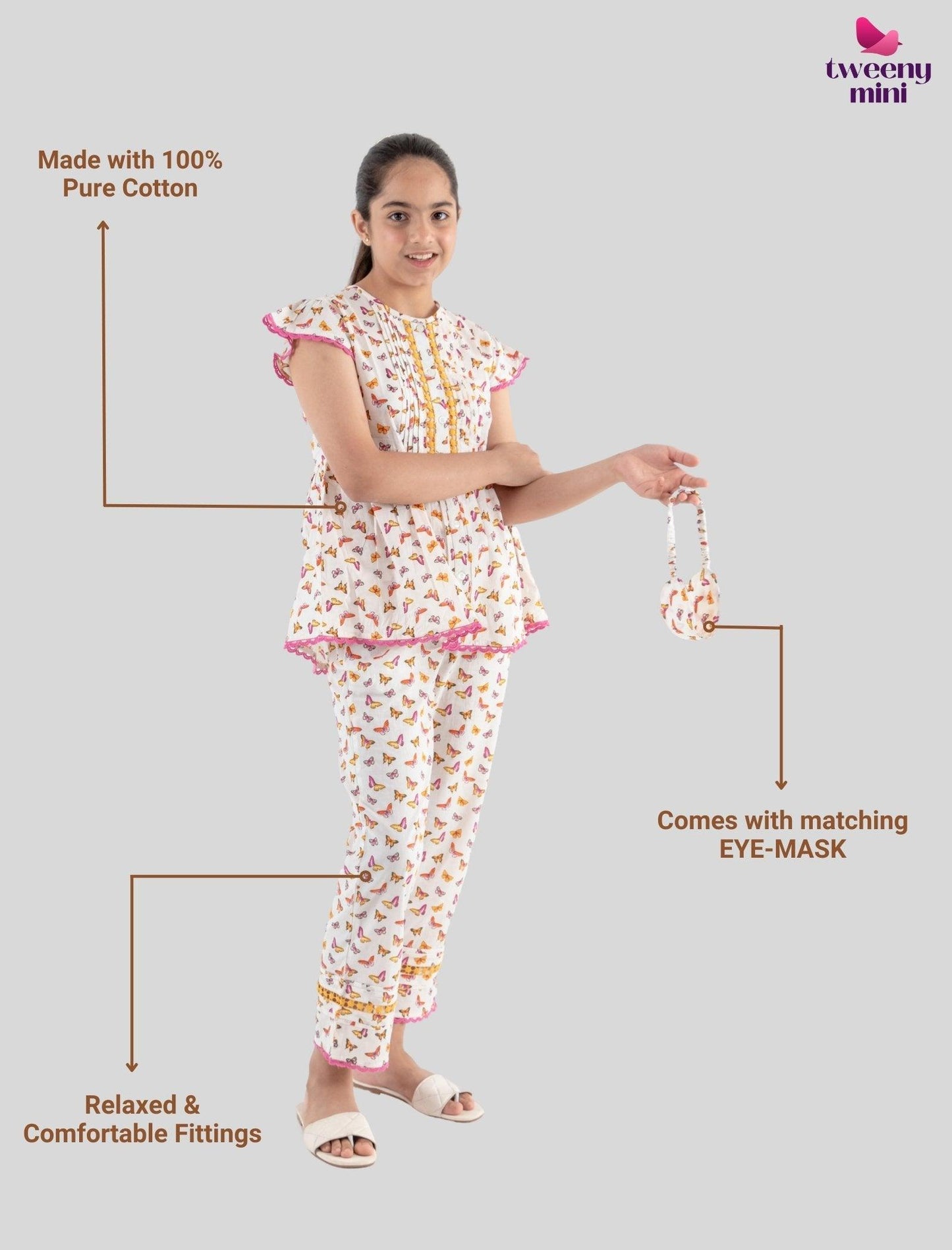 Butterfly Cotton Night Dress for Girls Kids with Eyemask (Off White) - Tweeny Mini