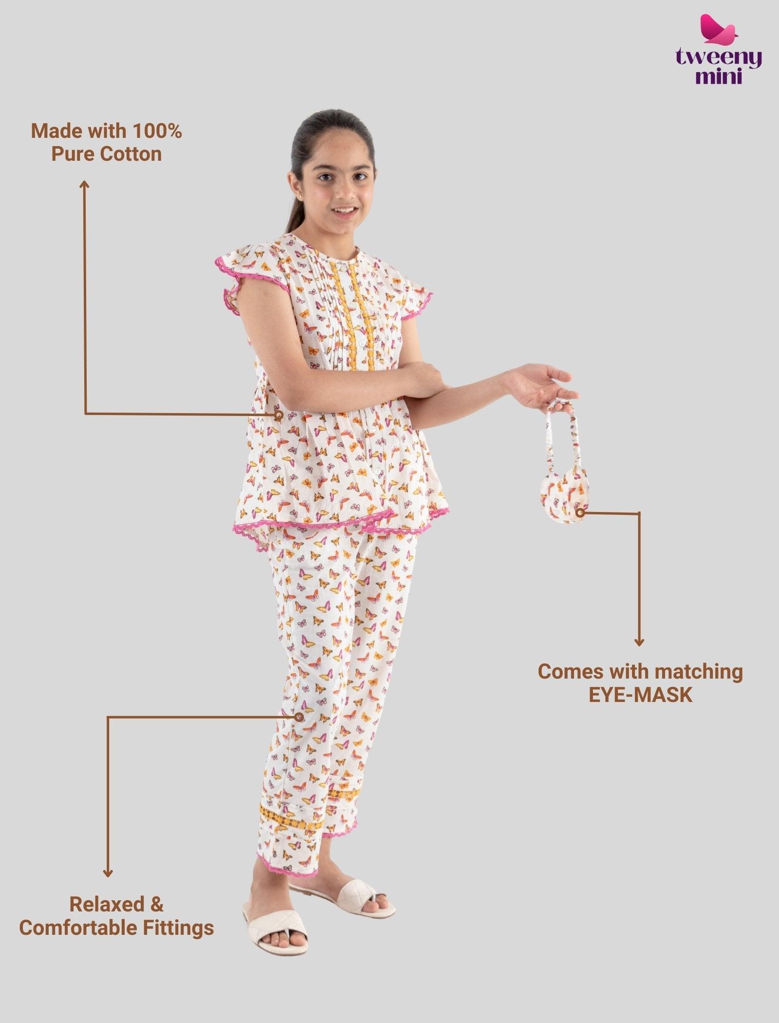 Butterfly Cotton Night Dress for Girls Kids with Eyemask (Off White) - Tweeny Mini